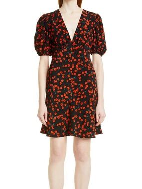 Staud black red poppy Milla short puff sleeve v-neck mini dress Women’s sz 8
